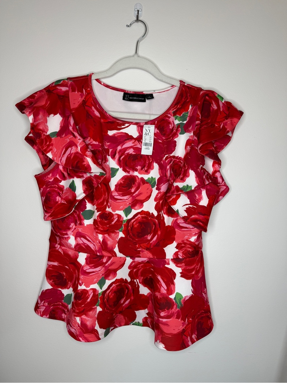 New York & Company Red Floral Peplum Top with Ruffle Sleeves
